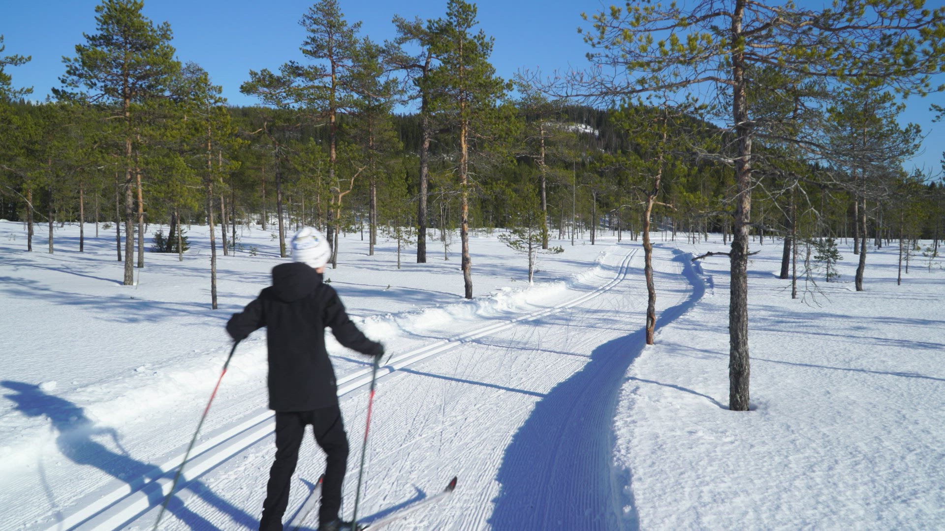 boys skiing in ski tracks over mire 