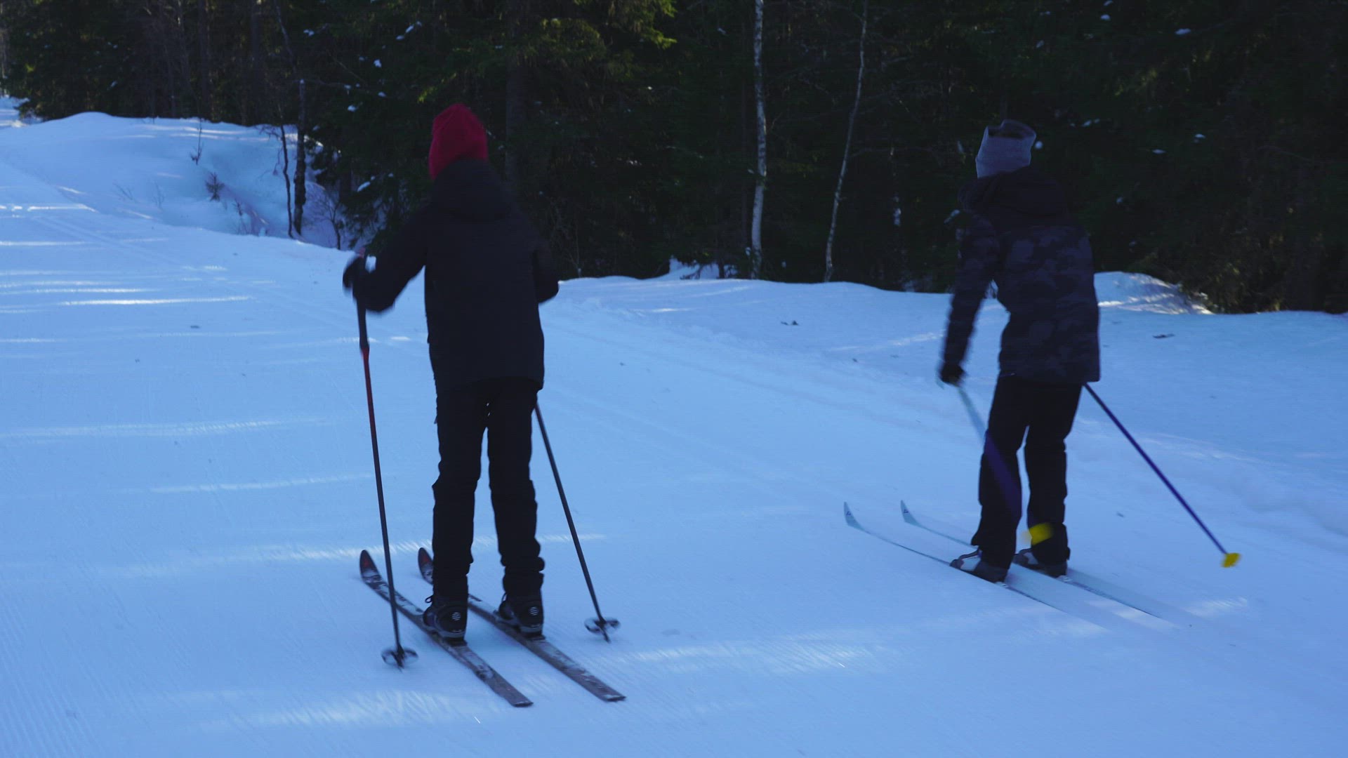 pov shot of mother and two children skiing down ski tracks