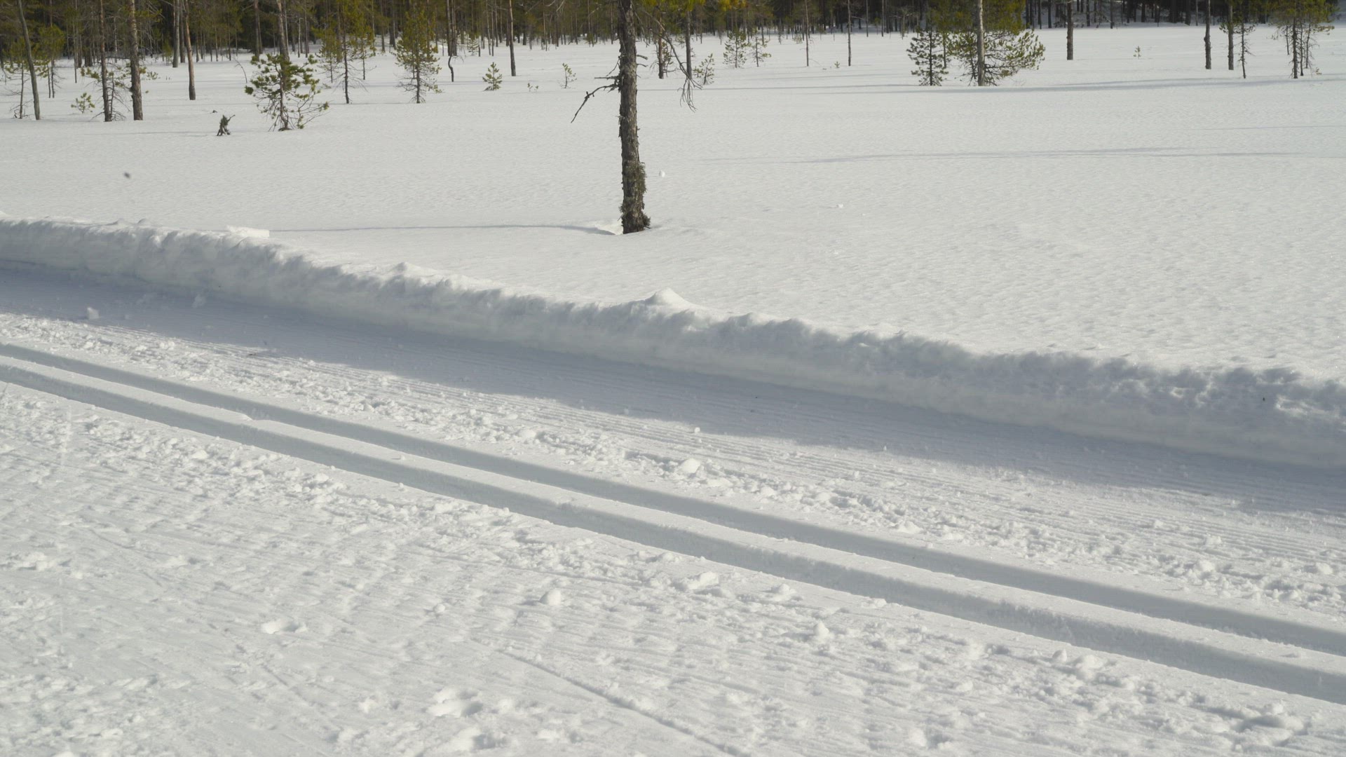 legs and feet skier in ski track - passing by camera