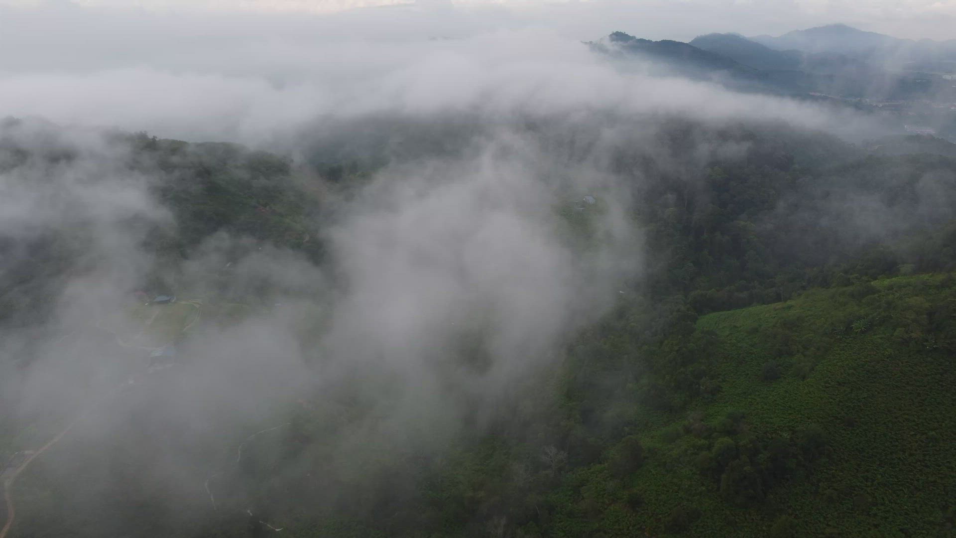Aerial view misty cloud fly over highland