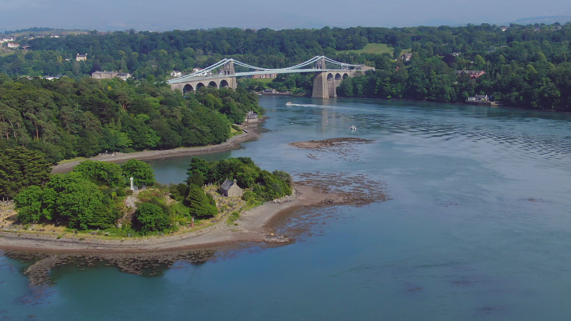 Aerial of the Menai Suspension Bridge, Anglesey, North Wales