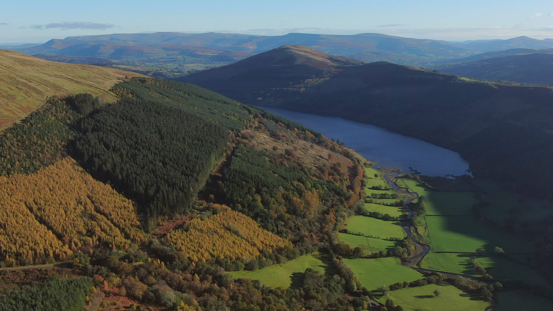 Talybont reservoir and mountain landscape, Brecon Beacons National Park, Wales, United Kingdom
