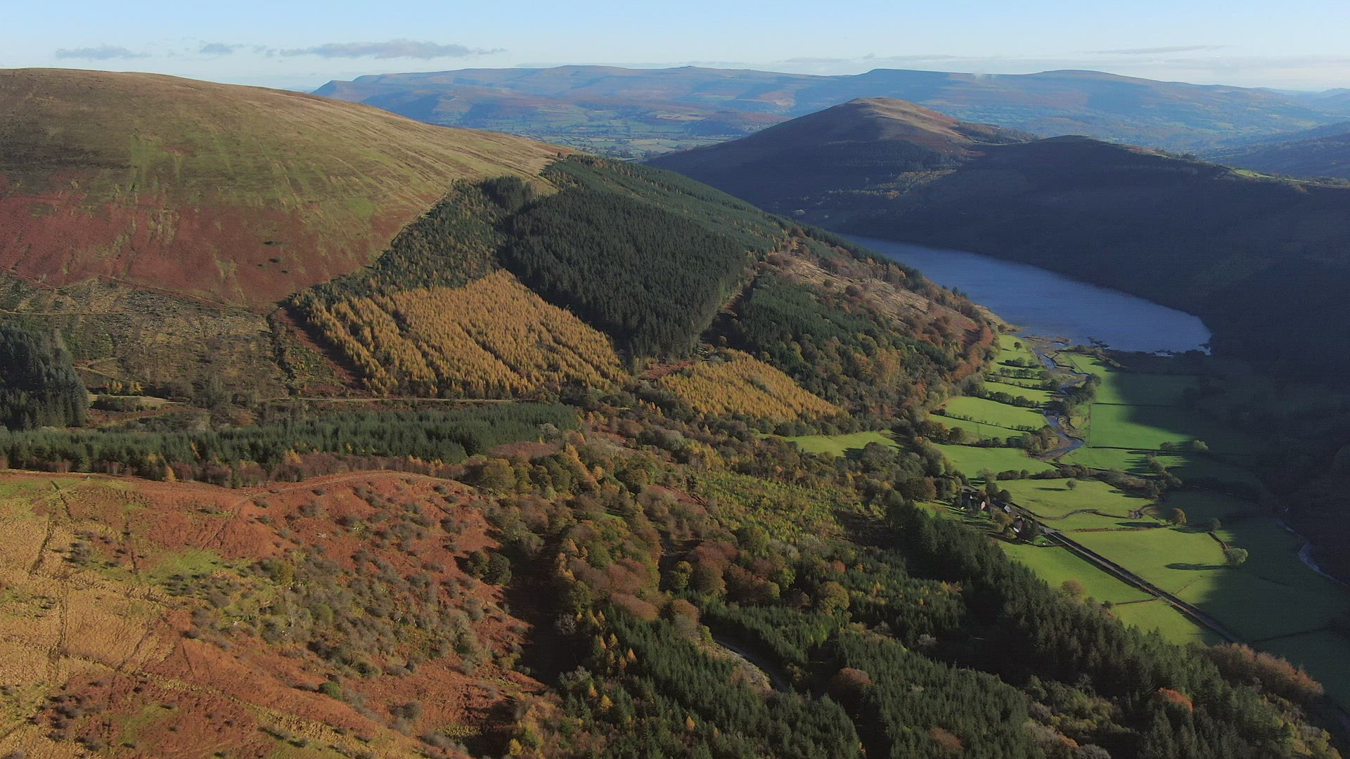 Aerial over the Brecon Beacons National Park, Wales