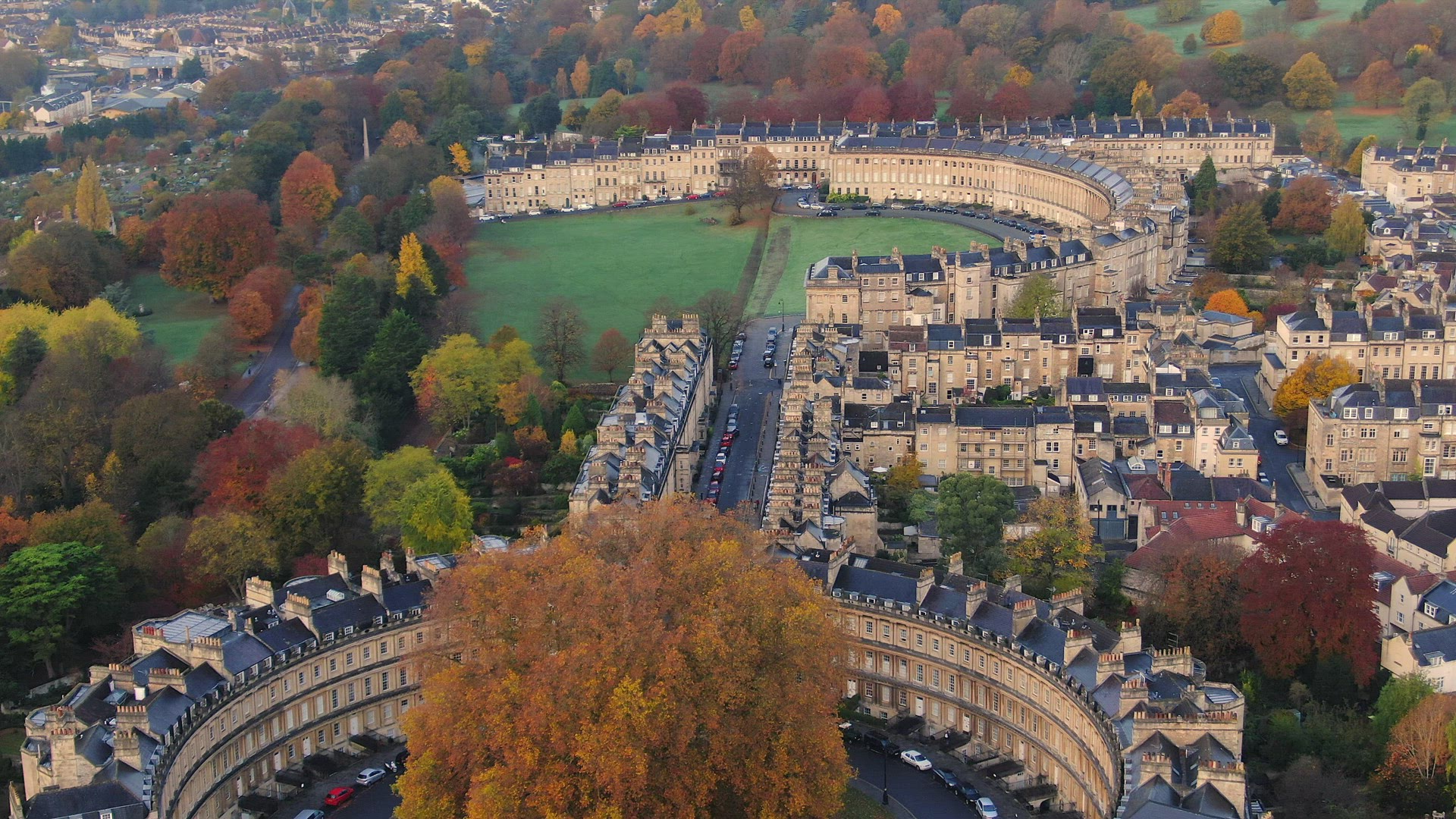 Aerial view over the Georgian city of Bath, The Circus and Royal Cresent, Somerset, England