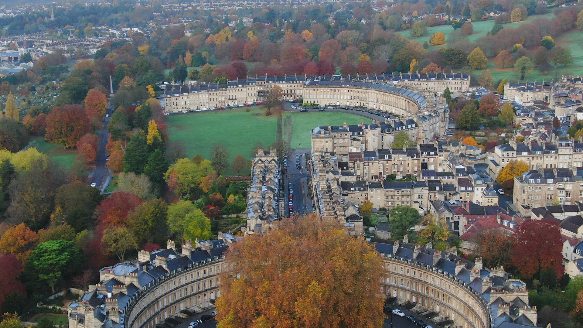 Aerial view over the Georgian city of Bath, The Circus and Royal Cresent, Somerset, England