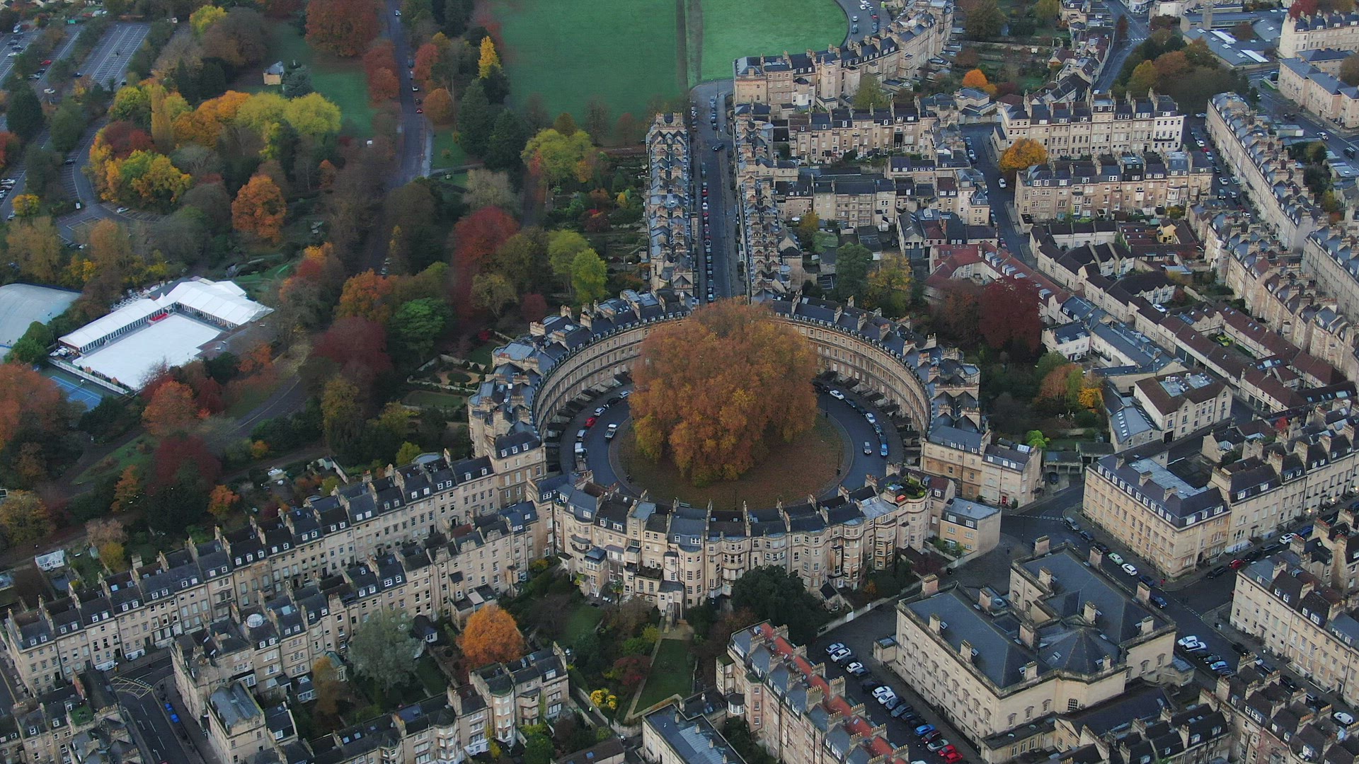 Aerial view over the Georgian city of Bath, The Circus and Royal Cresent, Somerset, England