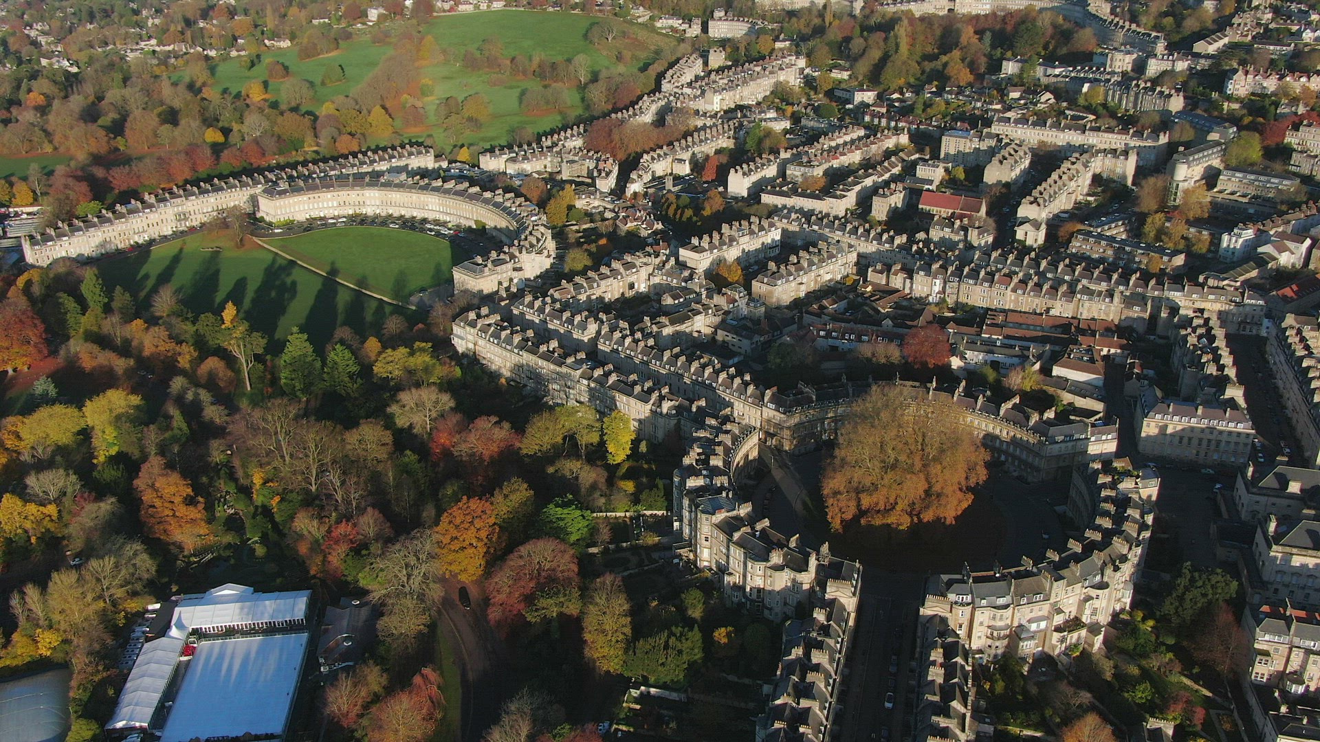 Aerial view over the Georgian city of Bath, The Circus and Royal Cresent, Somerset, England