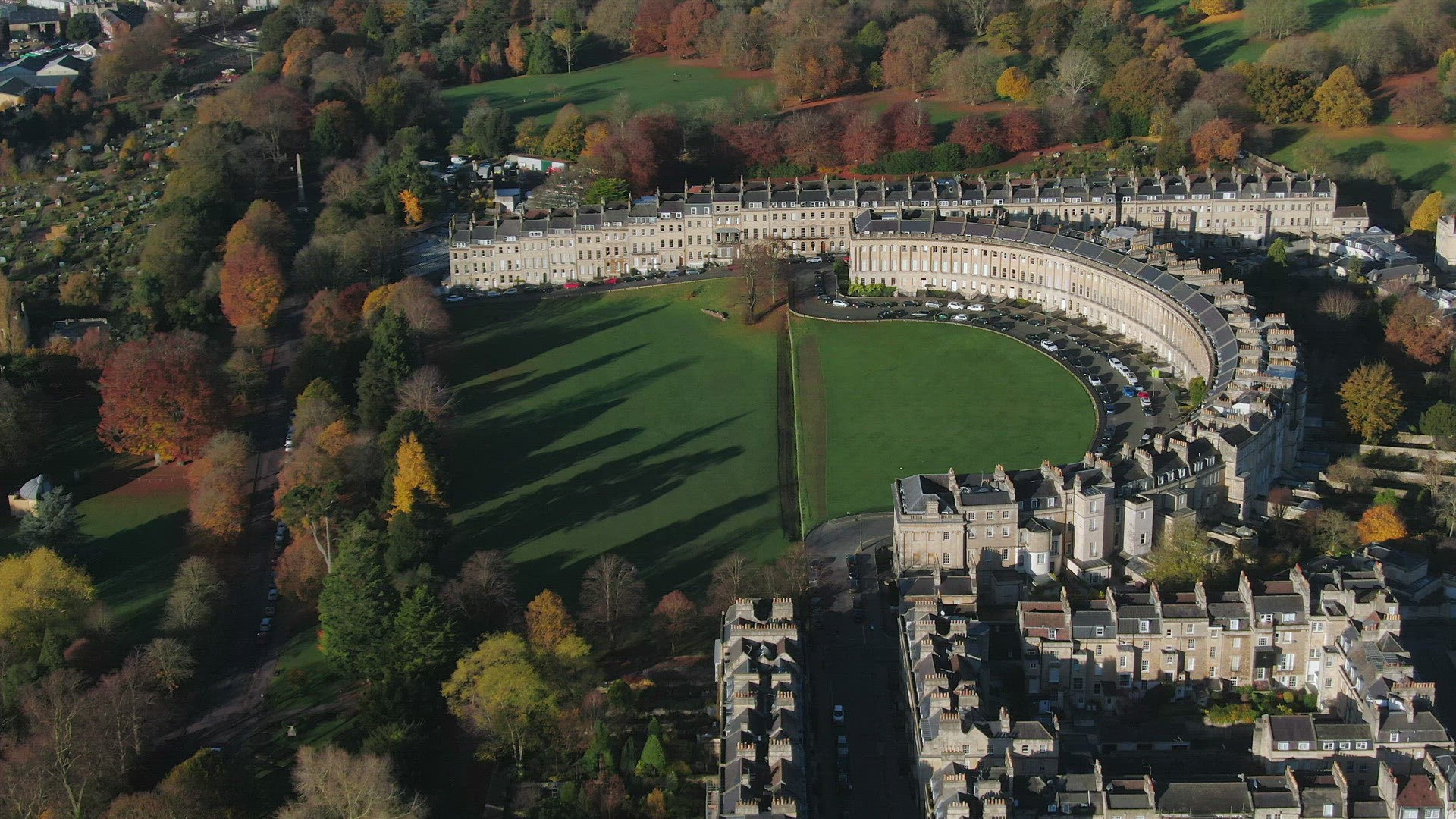 Aerial view over the Georgian city of Bath, The Circus and Royal Cresent
