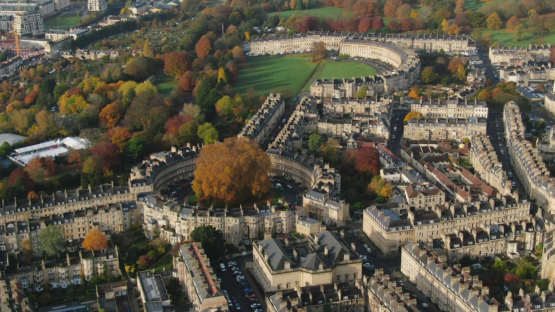 Aerial view over the Georgian city of Bath, The Circus and Royal Cresent