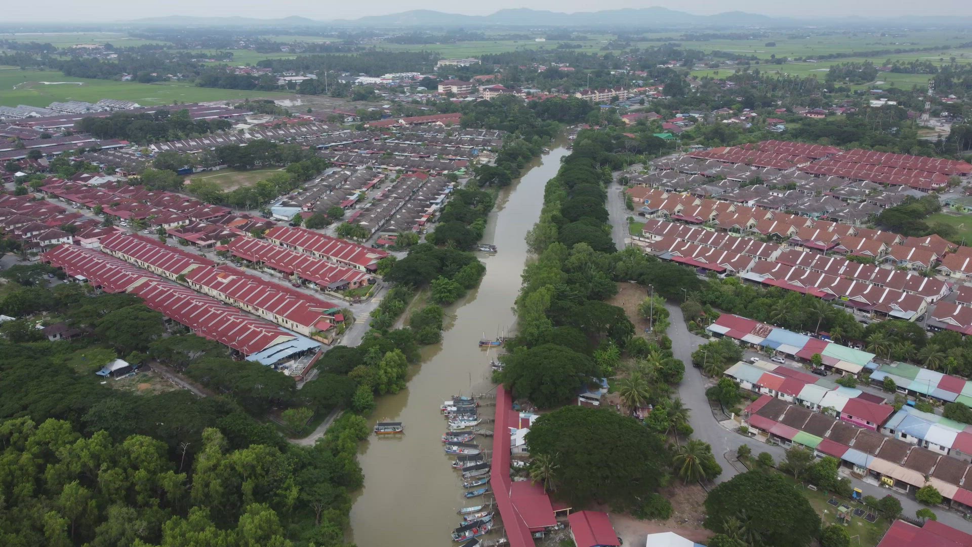 Aerial view residential area near fishing village