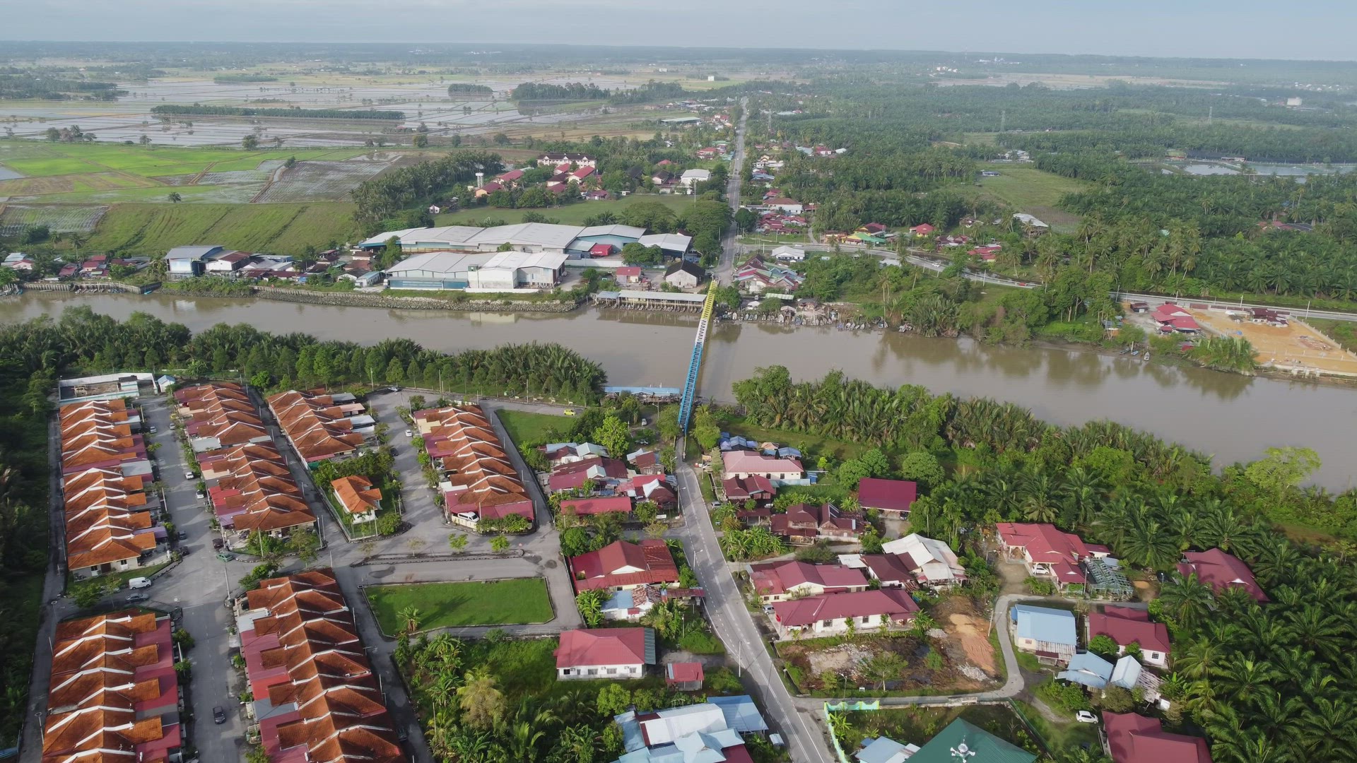 Aerial view steel iron bridge cross Kerian River
