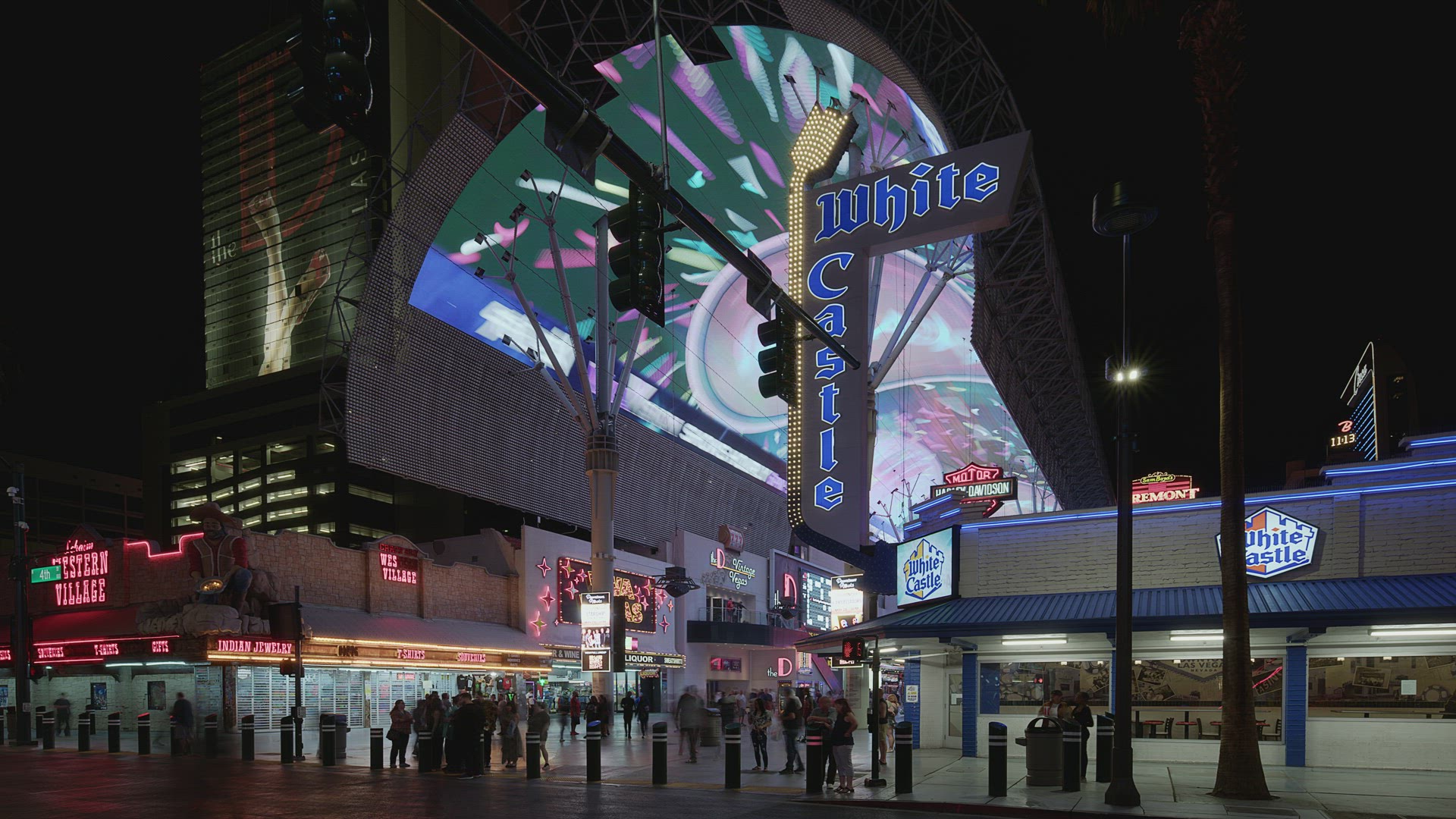 Las Vegas Fremont Experience Time Lapse Side Angle South Entrance  - 8k