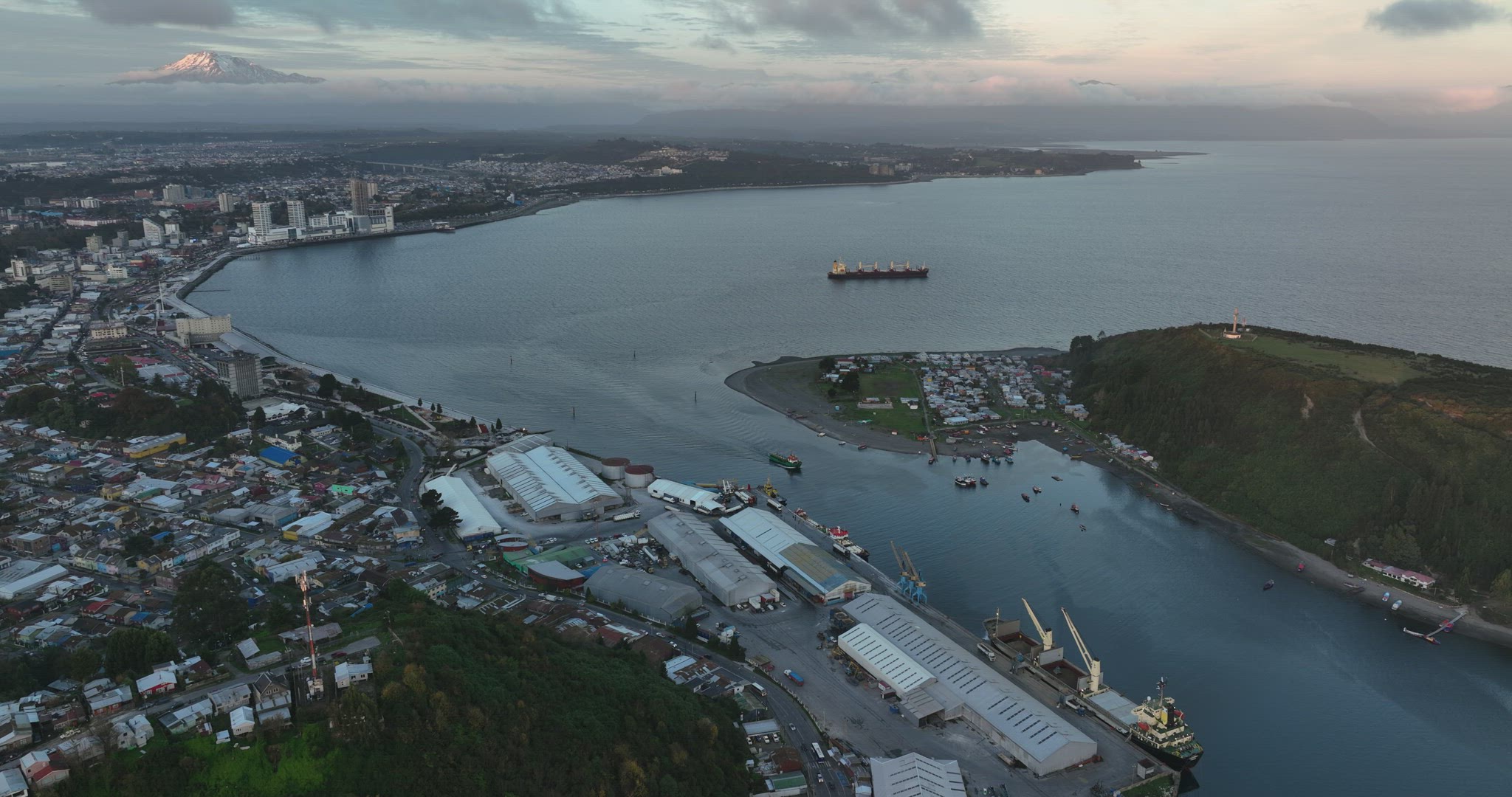 drone flight of the bay and port of the city of Puerto Montt. cloudy autumn day
