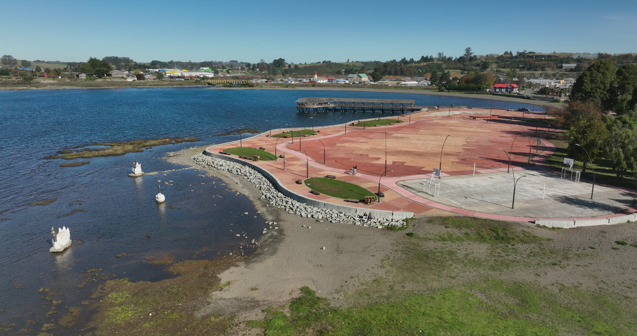Aerial view of the remodeled waterfront of the town of Llanquihue, a sunny autumn day