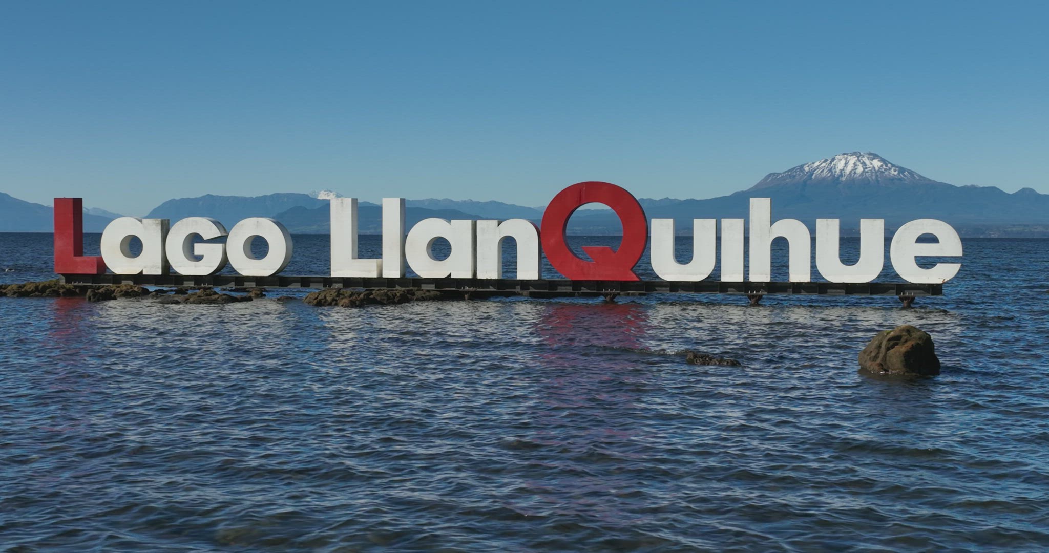 Aerial view of the commemorative letters over Lake Llanquihue