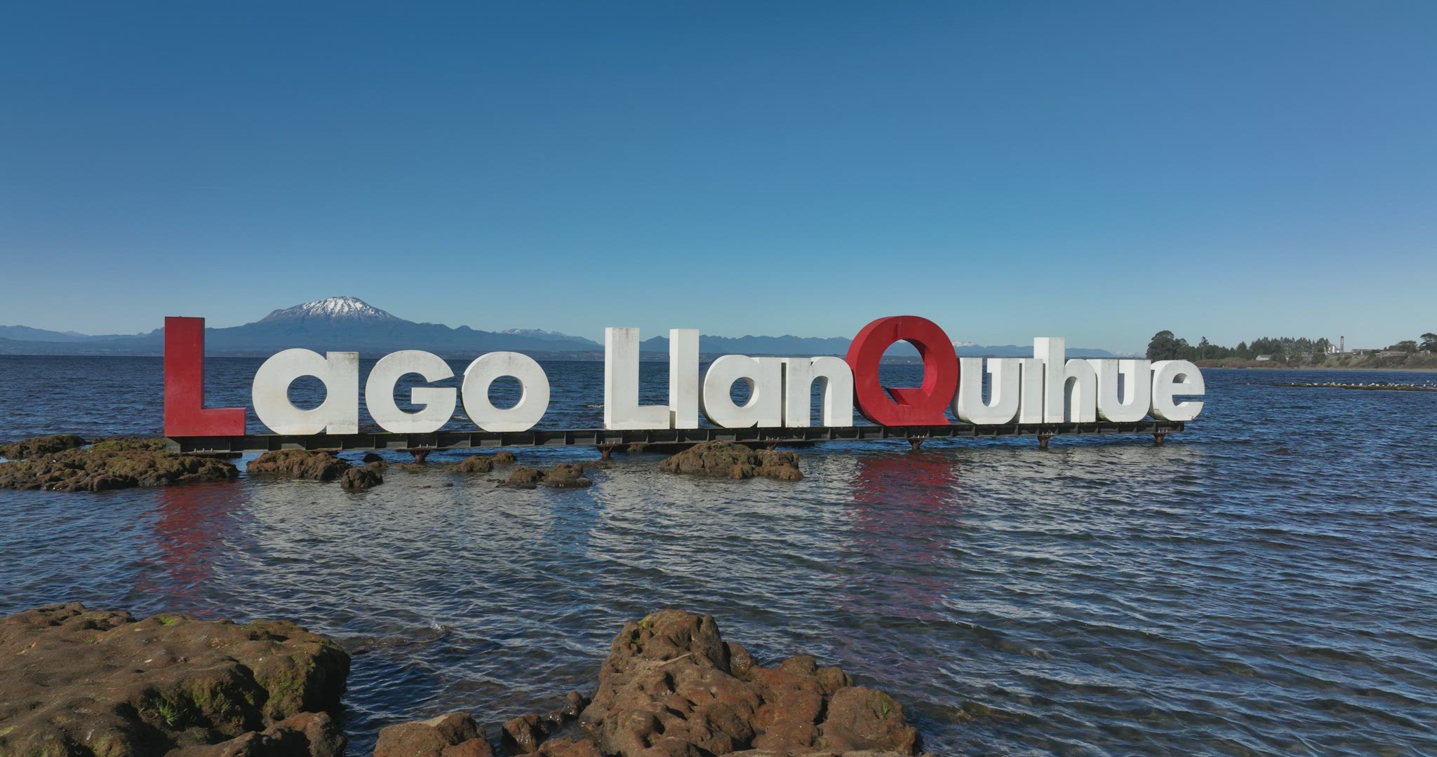 Aerial view of the commemorative letters over Lake Llanquihue