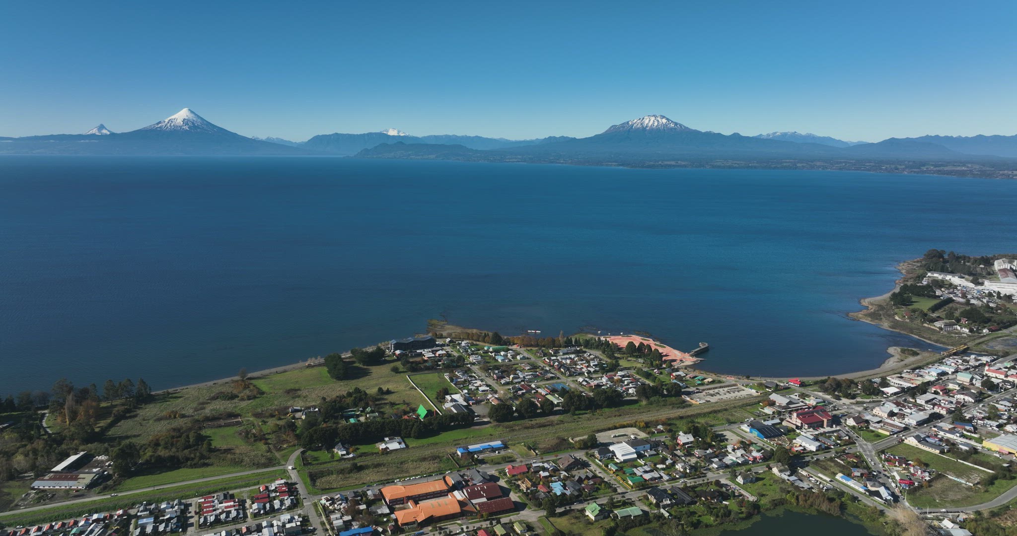 Aerial view of the commemorative letters over Lake Llanquihue