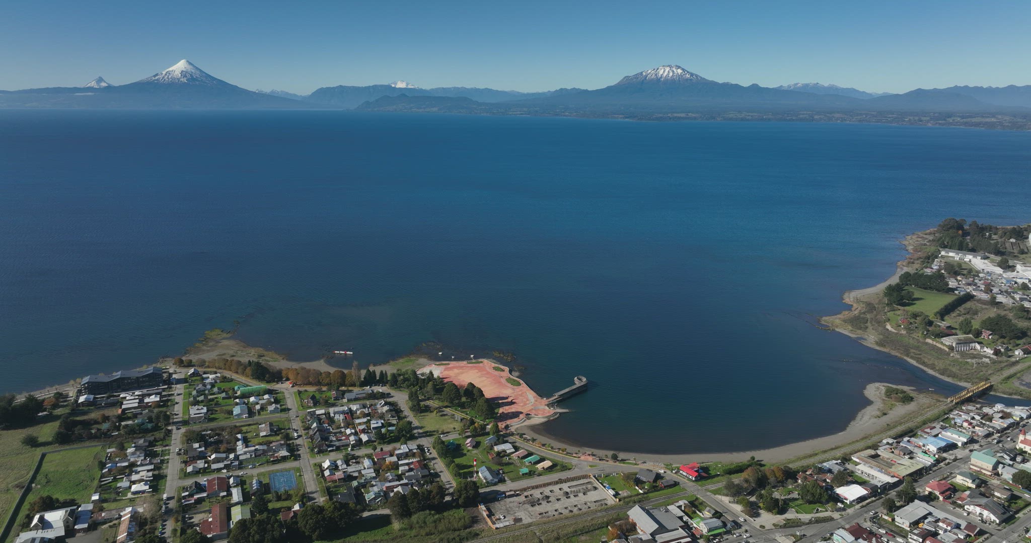 Aerial view of the town of Llanquihue on a sunny autumn day
