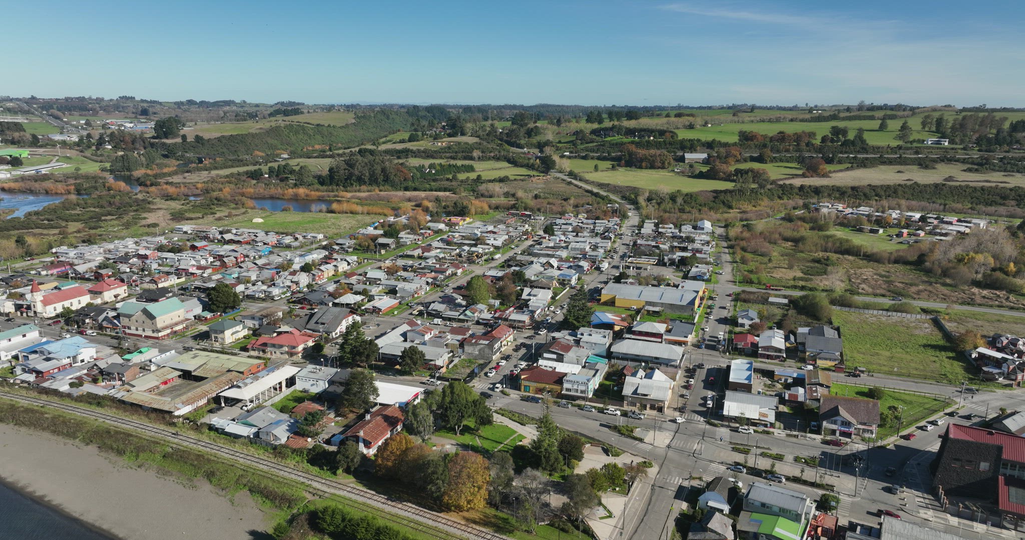 Aerial view of the town of Llanquihue on a sunny autumn day. 