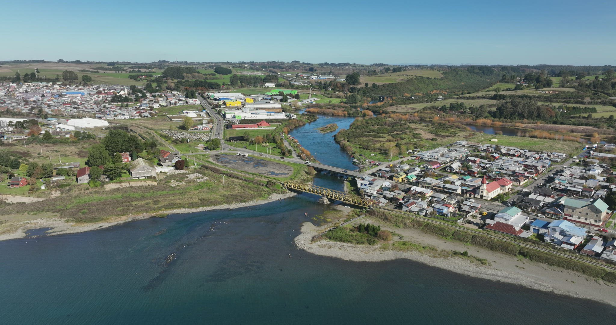 Aerial view of the town of Llanquihue, a sunny autumn day