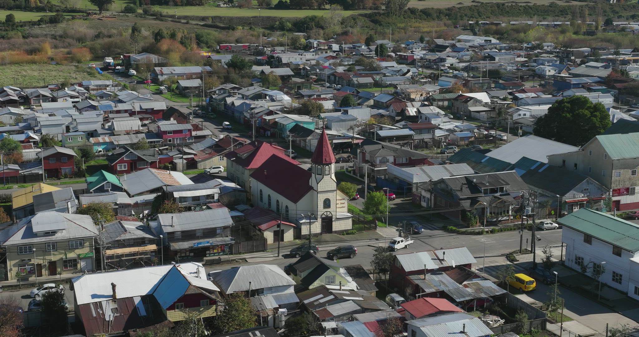 Aerial view of the San Jose parish in the town of Llanquihue