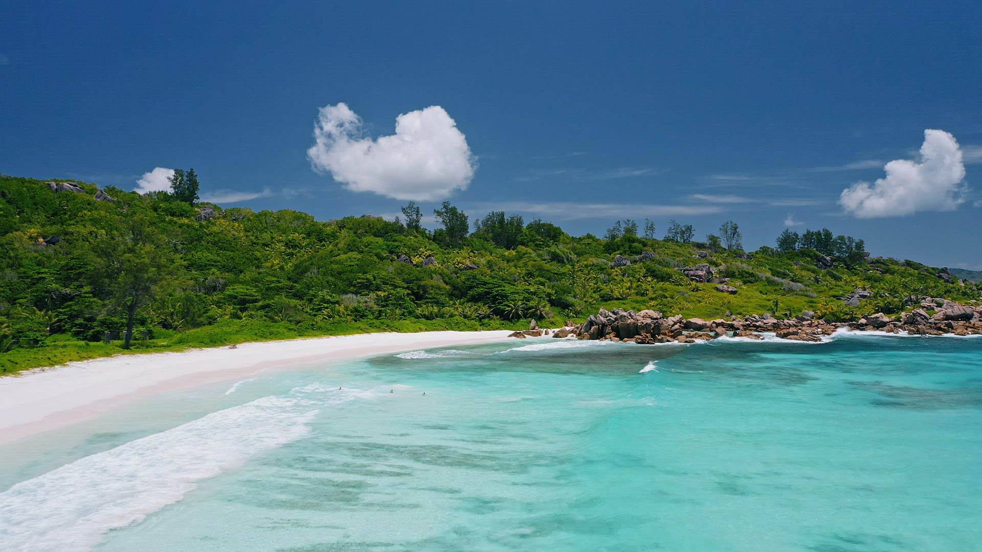 Aerial view of tropical paradise beach Anse Coco. Unrecognized tourists swimming in crystal clear bl