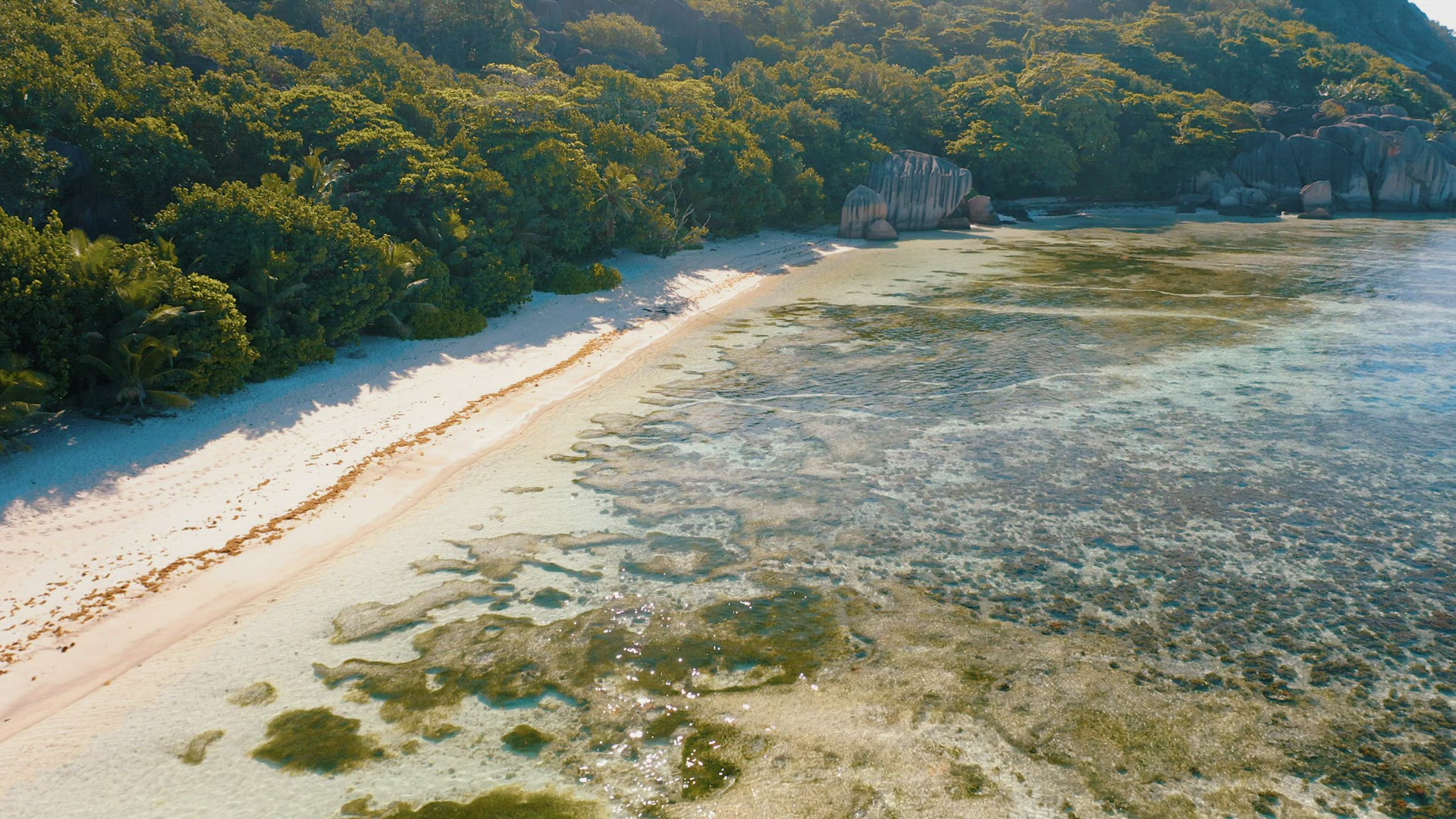 Anse Source D'argent Aerial view 4k flight above tropical beach on La Digue island, Seychelles. Tran
