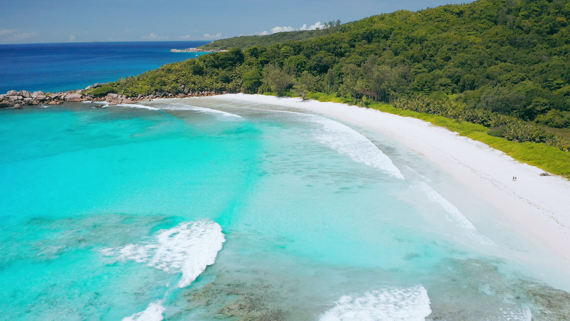 Seychelles La Digue Island. Aerial top footage of most beautiful tropical beach anse Cocos with clea