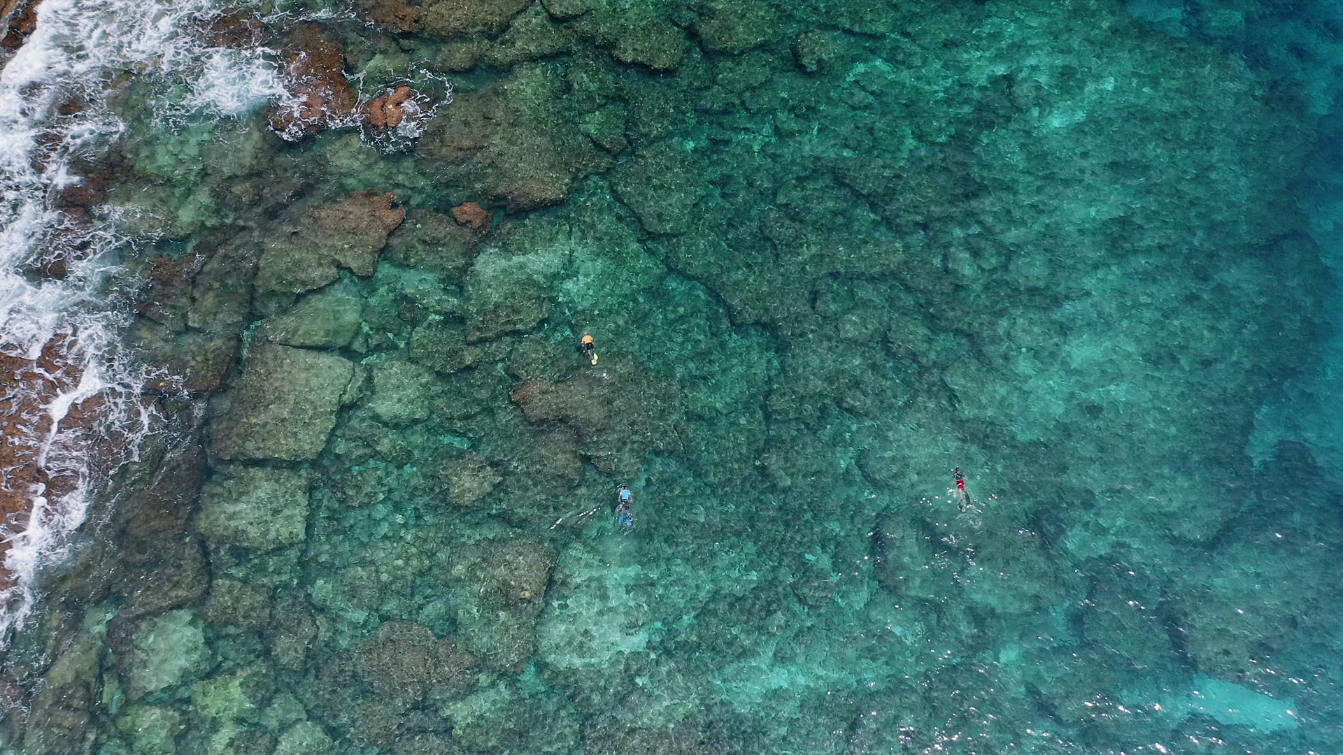 Aerial drone 4k top-down footage of tourist snorkeling above rocks with old coral reef