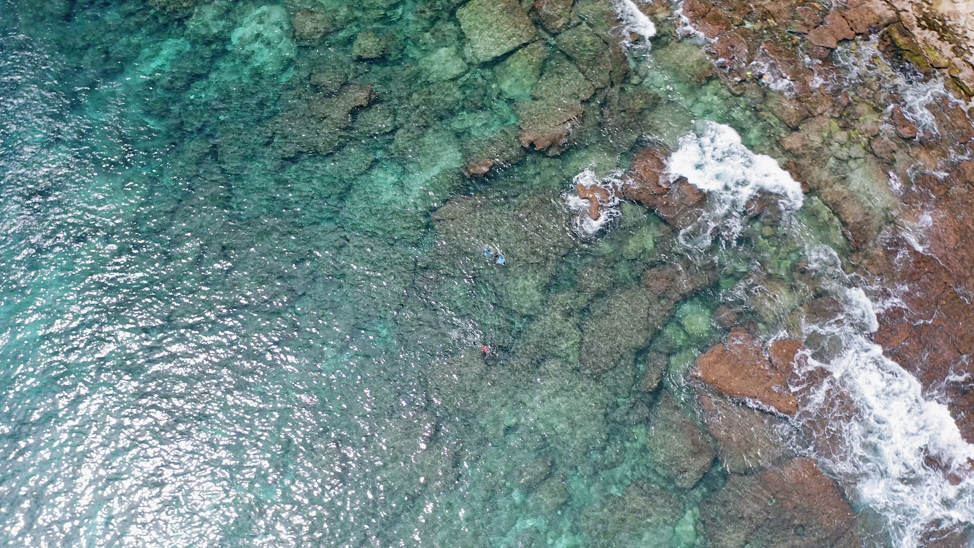 Aerial drone 4k top-down footage of tourist snorkeling above rocks with old coral reef