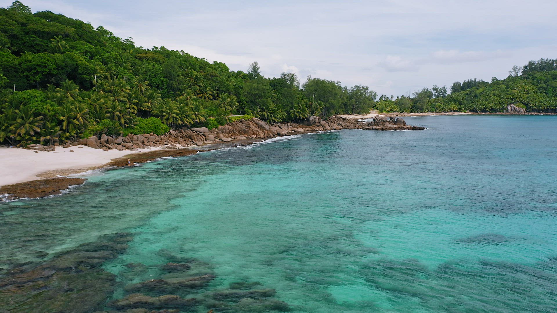 Mahe island, Seychelles. Aerial low altitude fly on exotic sandy beach with ocean waves and palm tre