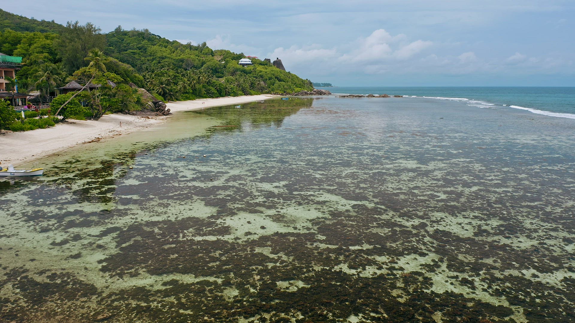 Mahe Island, Seychelles. Aerial view of tropical ocean shallow lagoon at Anse Forbans