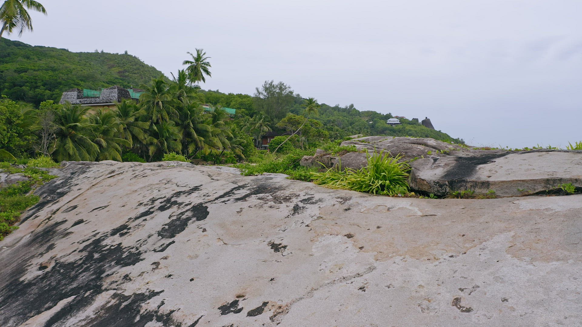 Aerial beach reveal footage on tropical coast at Anse Forbans. Mahe Island, Seychelles