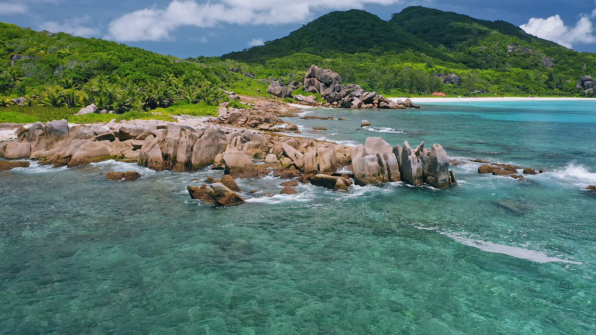 Aerial view of unique coastline with nature granite boulders on remote paradise like beach hidden in
