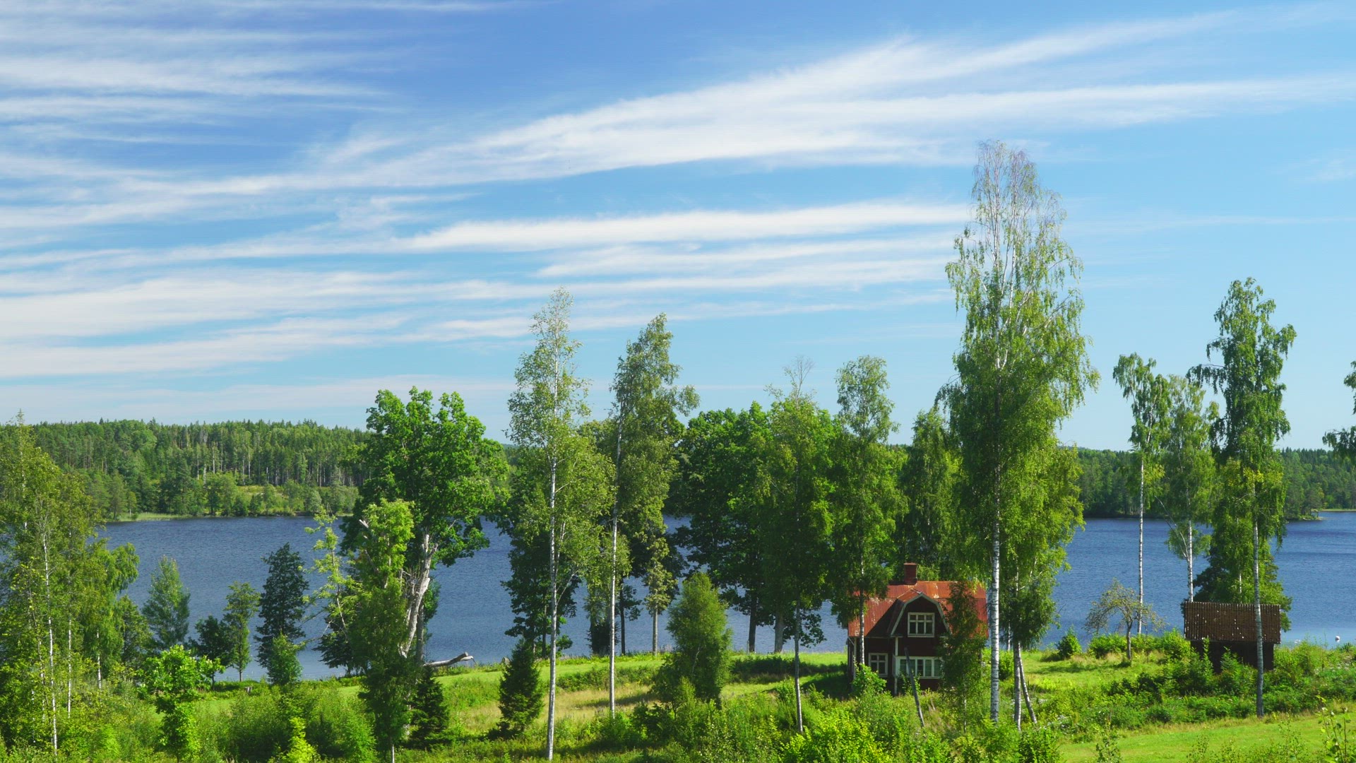 view over landscape with red abandoned house - green trees  - lake with blue water 