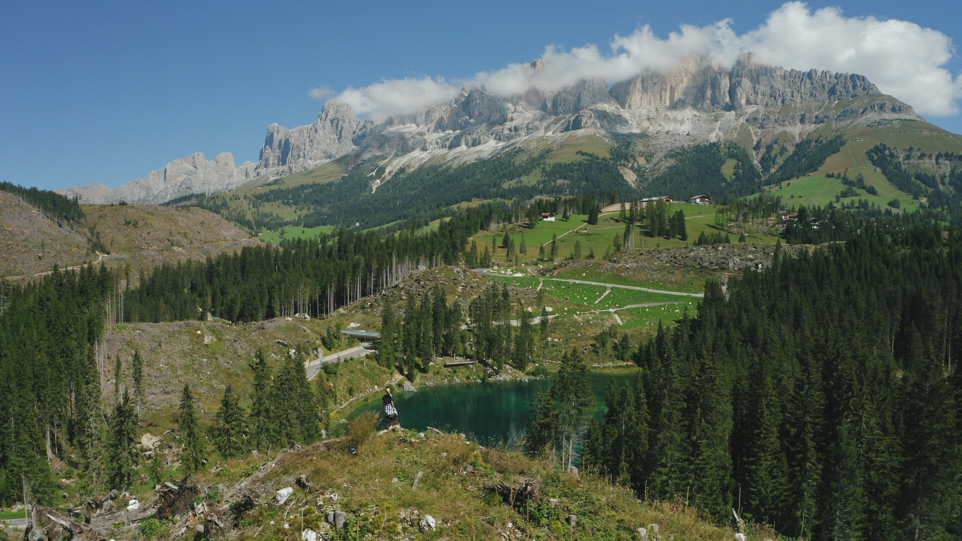 Women on top of hill with uprooted pine trees after strong wind in Lake Carezza - most beautiful lak