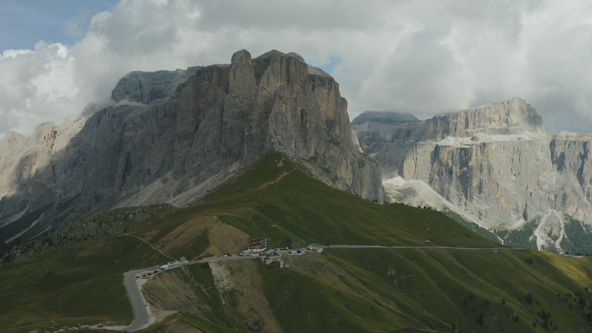 Aerial view Passo Gardena in the Dolomites, Italian Alps