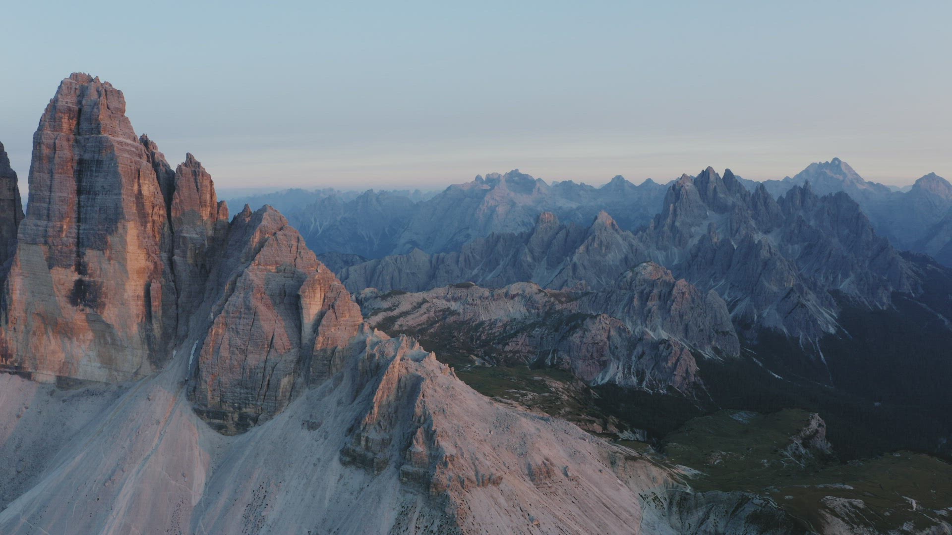 Drone aerial footage of Tre Cime di Lavaredo. The most visited mountain in Sexten Dolomites Alps in 
