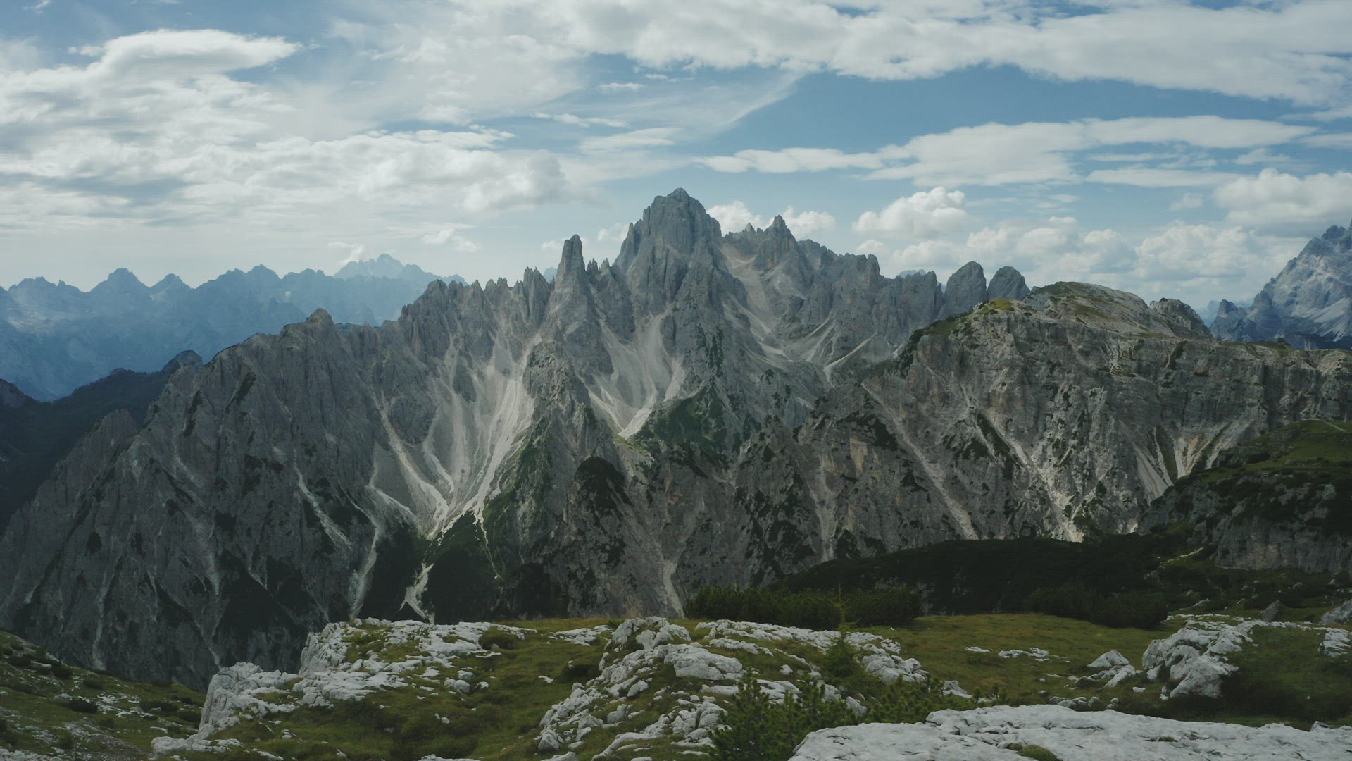 Aerial orbit Auronzo di Cadore of Cadini di Misurina mountains group in Dolomites, Italy, part of Tr