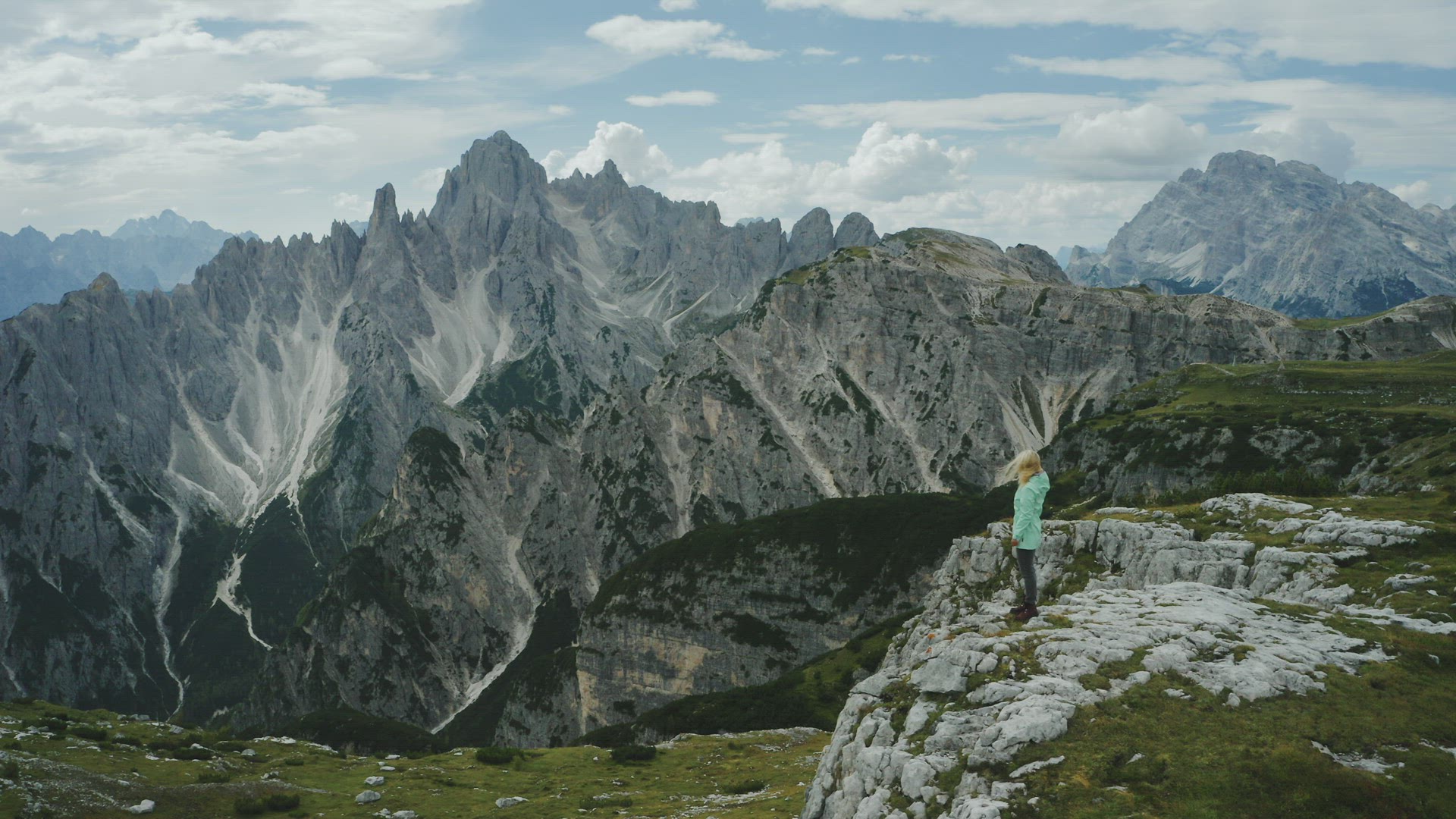Aerial view of women enjoying Auronzo di Cadore of Cadini di Misurina mountains group in Dolomites, 