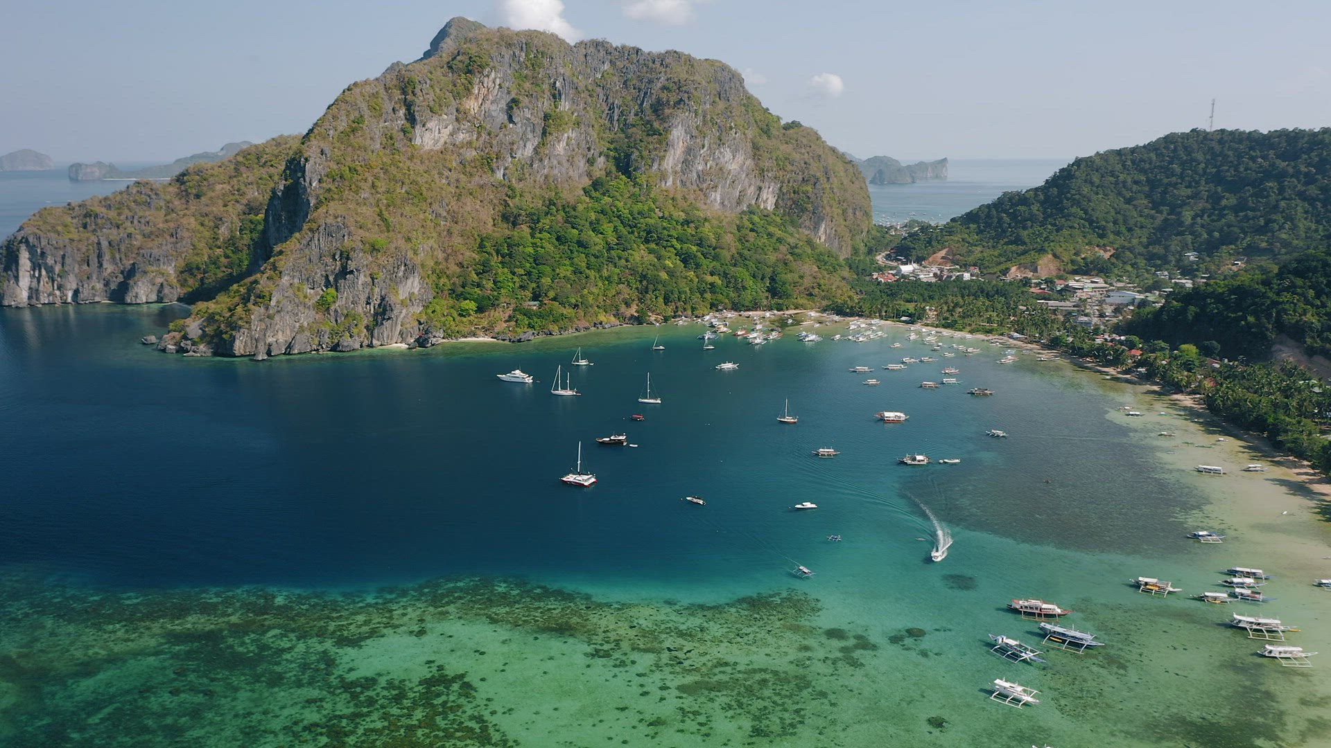 4k drone footage of tropical Corong corong beach, El Nido, Palawan, Philippines. Calm tranquil morni