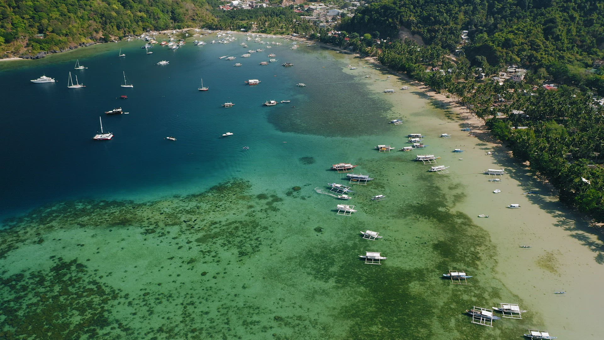 4k drone footage of tropical Corong corong beach, El Nido, Palawan, Philippines. Calm tranquil morni