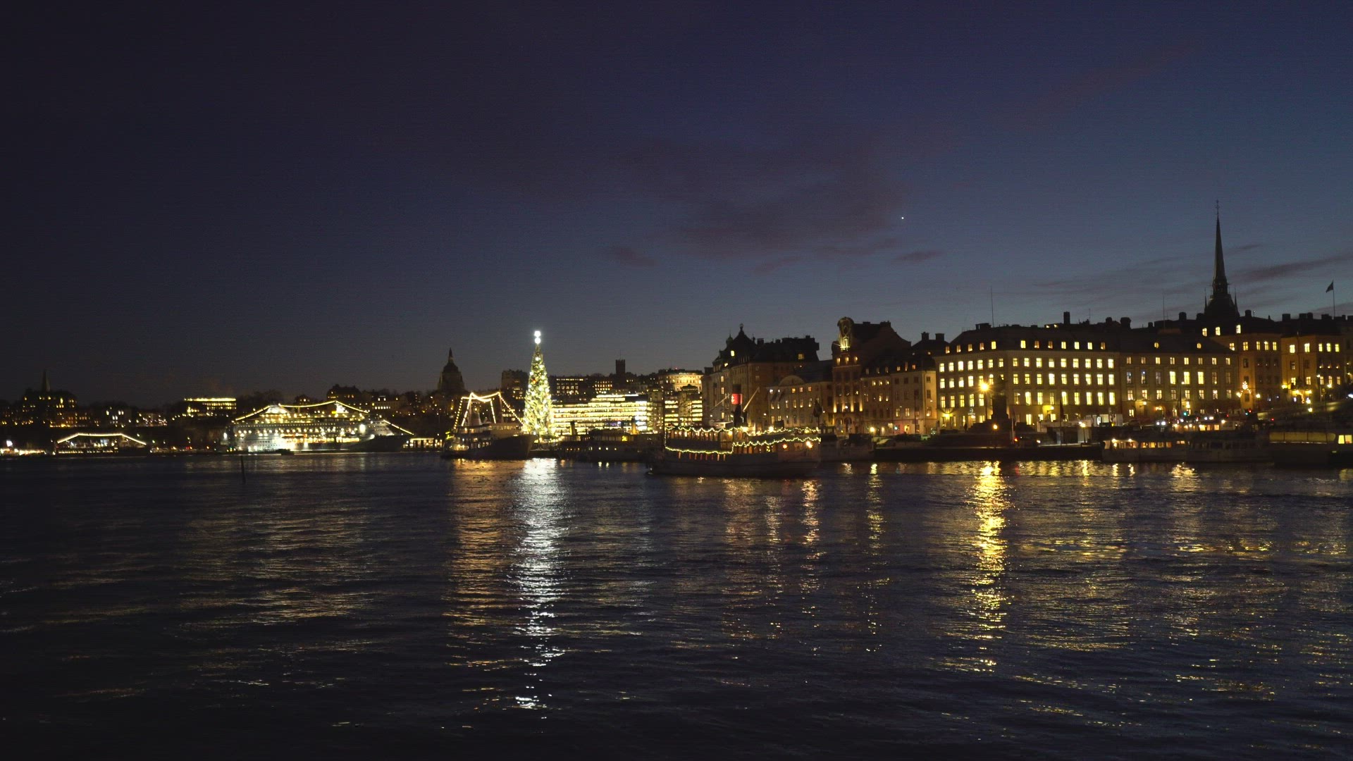 skeppsbron in stockholm by night - city lights - illuminated christmas tree