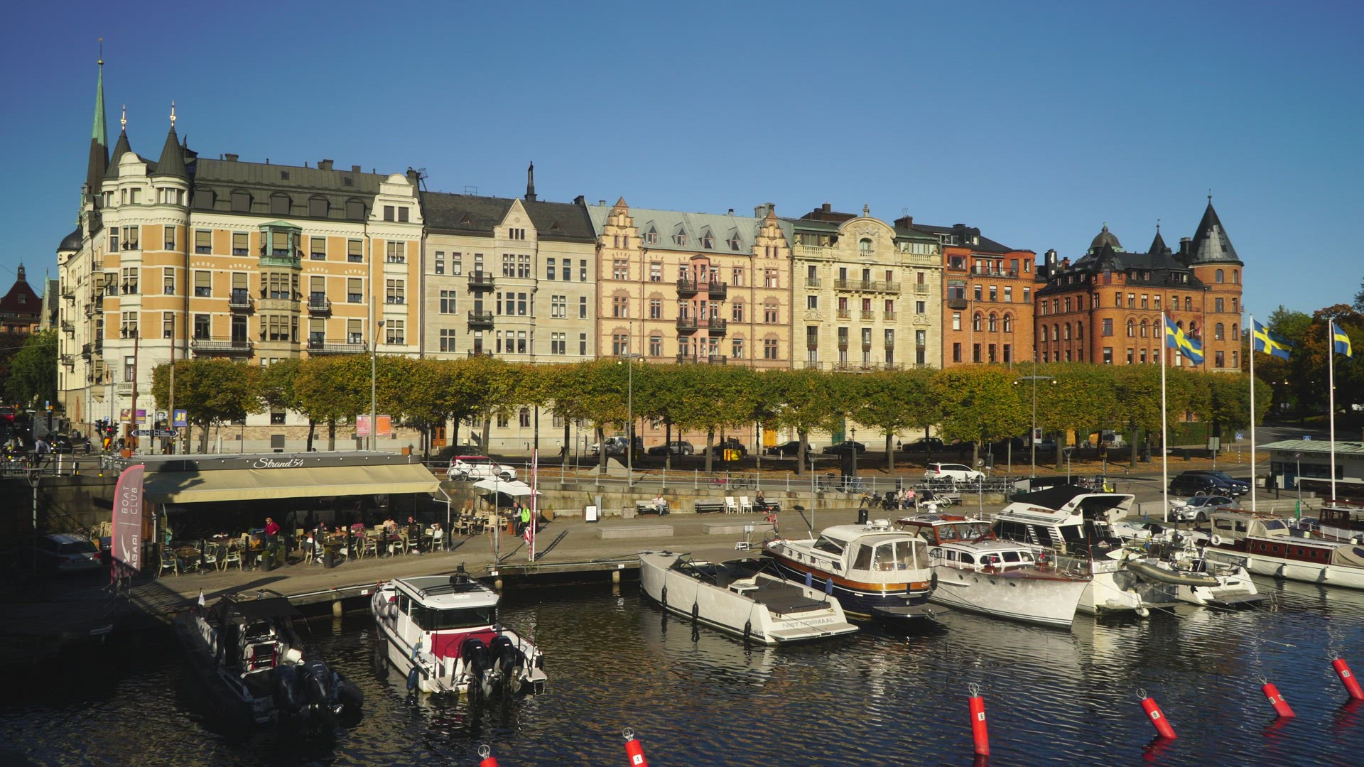 view over boats harour and buildings on Strandvägen in Stockholm