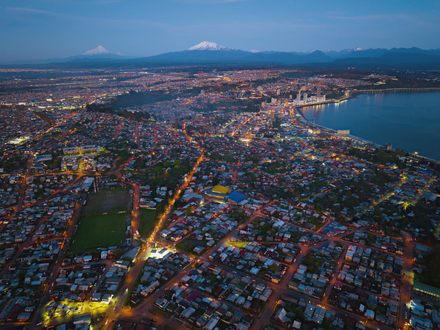 Puerto Montt city at dawn showing the evening lights