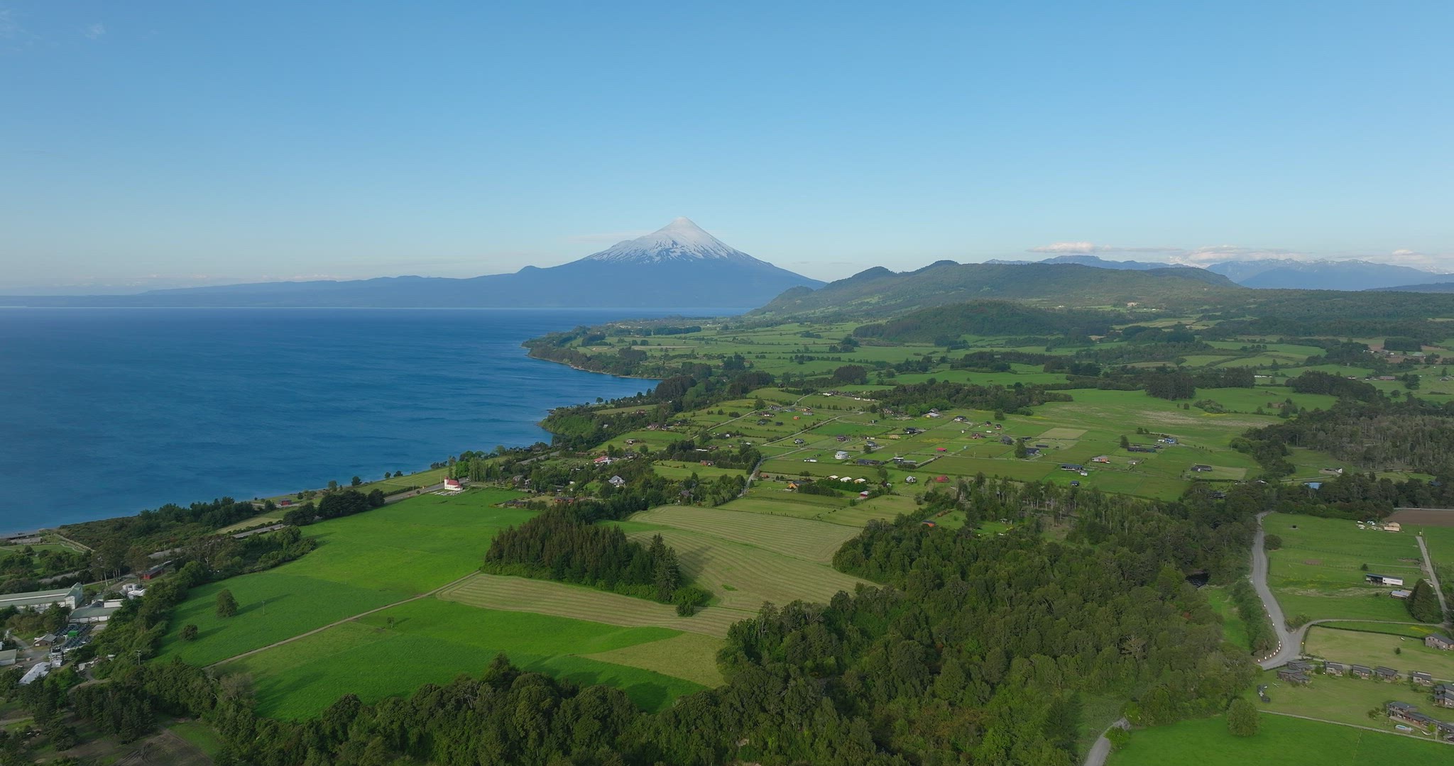 Drone shot of the Osorno Volcanos in Chile with Llanquihue lake