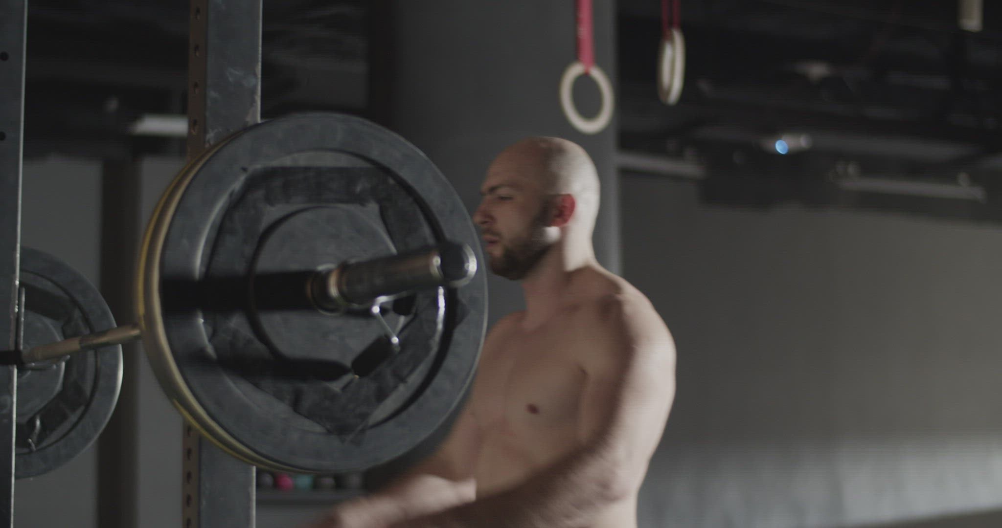 Strong sportsman doing squats with barbell