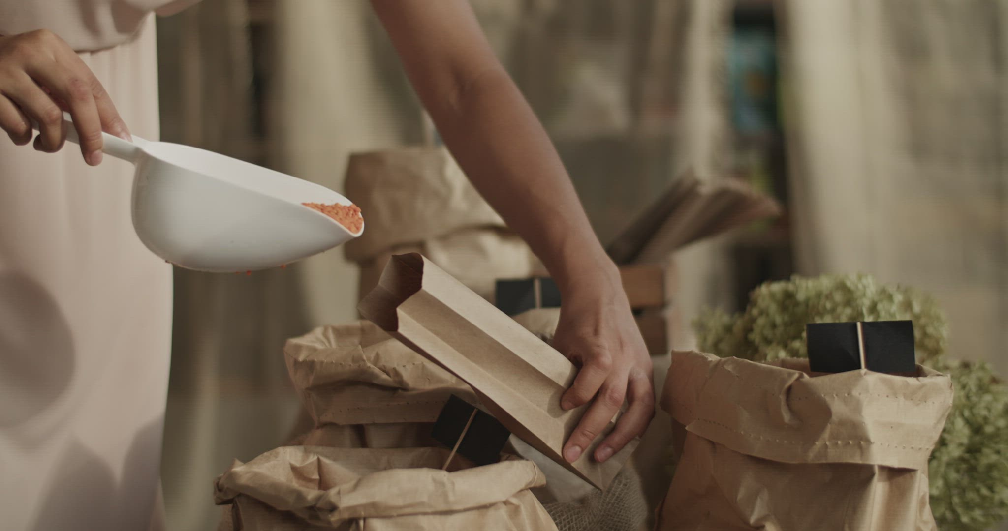 Woman packing grain for online order in eco shop