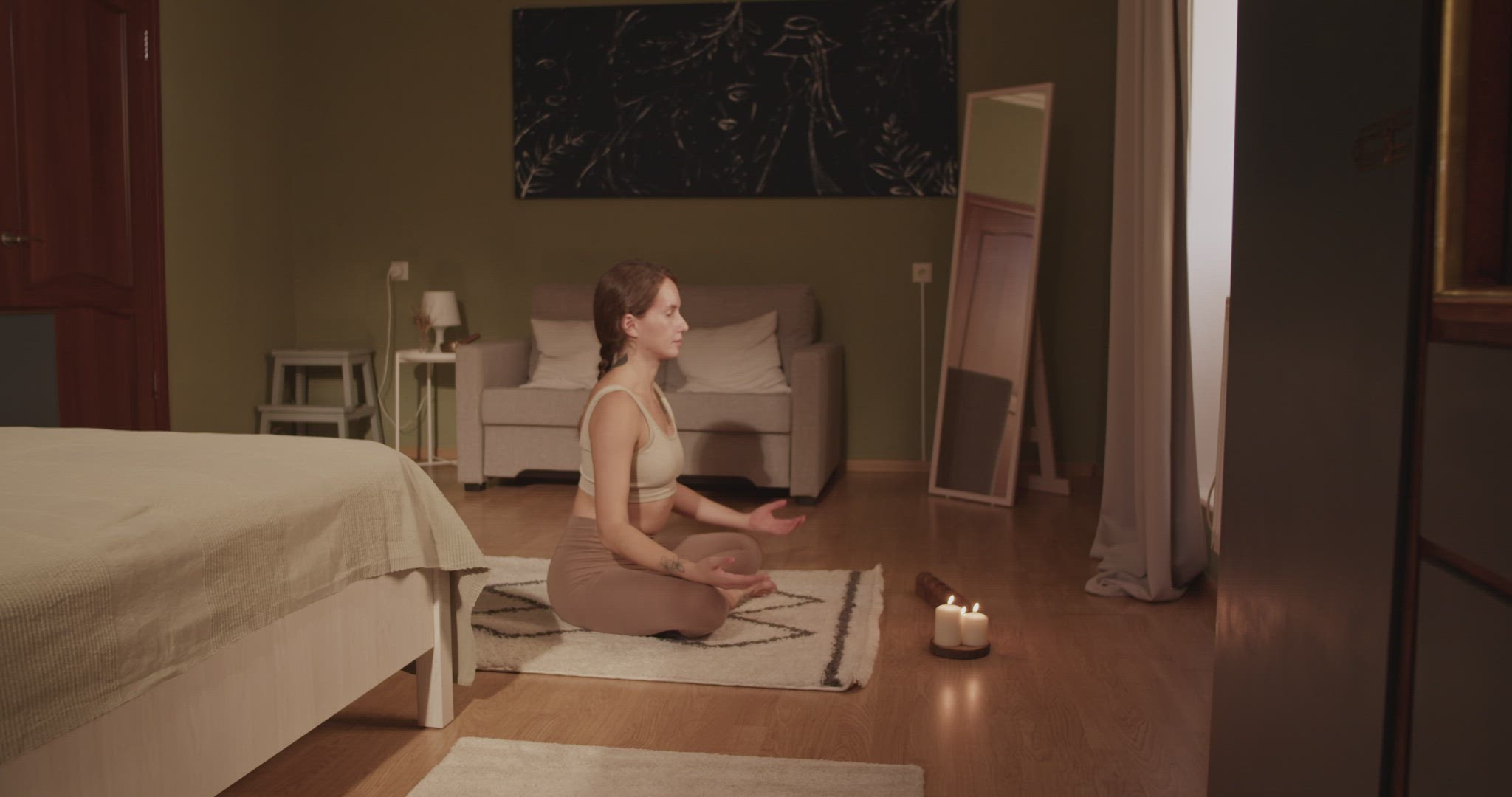 Woman doing breathing exercise and stretching