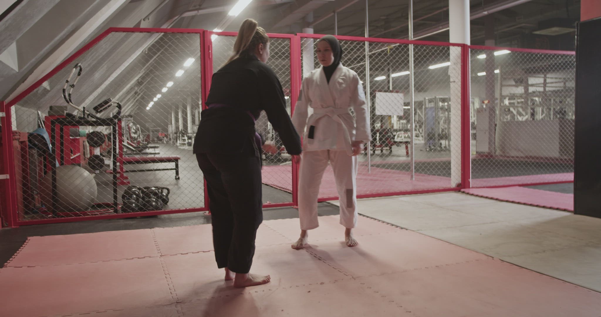 Diverse female fighters wrestling in gym